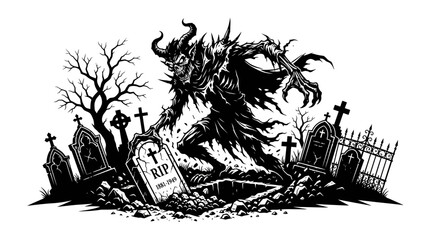 Naklejka premium Halloween Demon Rising from Graveyard Vector Illustration. Scary Monster with Horns and Tombstones. RIp Epitaph Text. Black Ink Horror Art. Halloween Silhouette. Gothic Death Symbol. Spooky