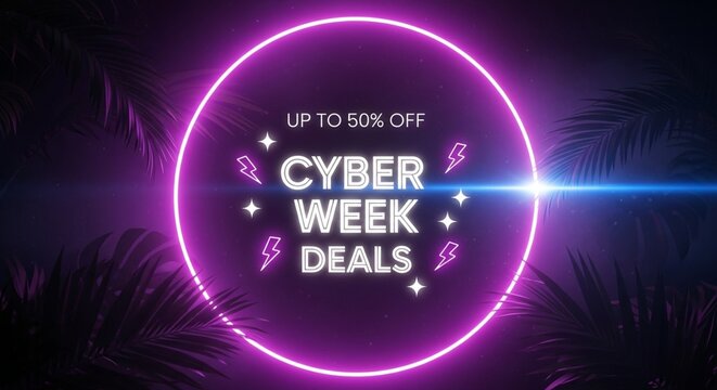 Cyber Week Deals Promotional Banner with Neon Purple Circle, Glowing Text and Tropical Palm Leaves