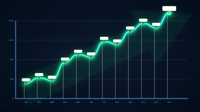 Glowing financial growth chart animation: rising business success and market trends graph