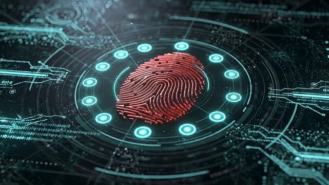 Biometric fingerprint security animation with digital identity verification, cybersecurity authentication, data protection, access control and futuristic technology interface background video