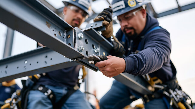 A multicultural crew of steel erectors securing a beam joint in early morning mist high above an urban construction site, harnesses and hard hats visible as the fog softens the rising skeleton of a 