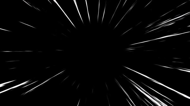 Anime speed line background animation Overlay Video. Anime speed line moves attack effects explosion of light. Comic Radial Light Speed ​​Lines. White speed lines isolated on black background.