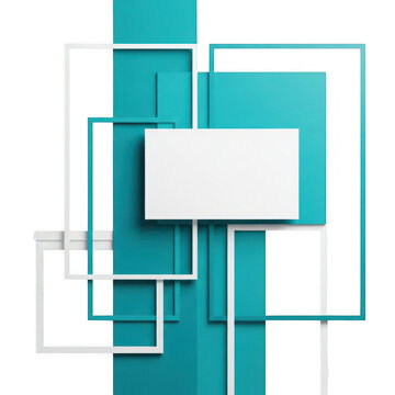 A geometric composition of overlapping squares and rectangles in white and teal isolated on transparent background