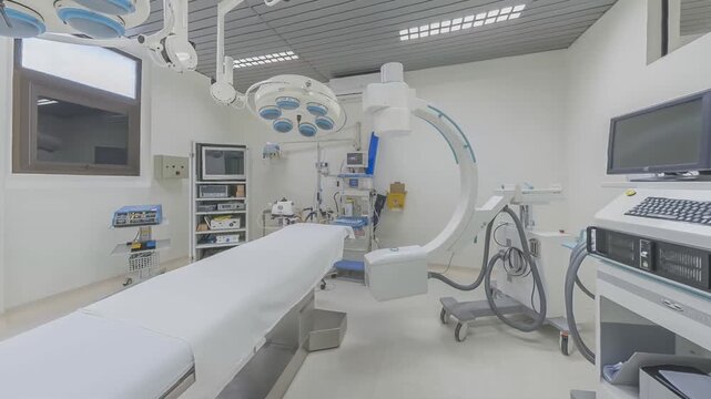 Empty sterile operating room with surgical table, overhead lights, and C-arm imaging unit captured from foot of table with wide-angle elevated viewpoint emphasizing treatment area and equipment