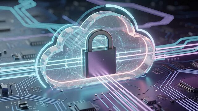 Cloud security animation with digital padlock, encrypted cloud computing network, secure data storage, cybersecurity protection, privacy defense and futuristic information technology background video