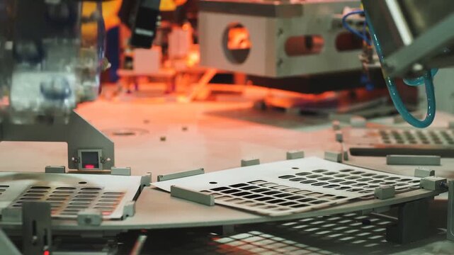 Industrial automation workspace with heated conveyor platform, blue tubing, clamps, control panels, and organized metal equipment glowing under warm orange light