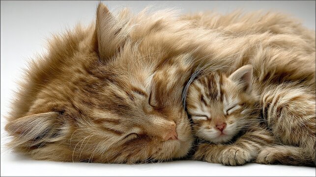 Mother Cat and Kitten Sleeping Peacefully Together