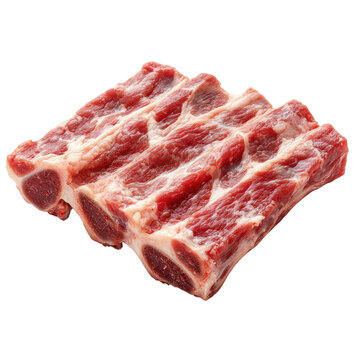 The image features a raw cut of meat with a vibrant red color, marbled with streaks of white fat