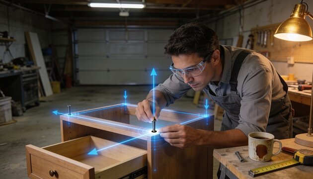 Craftsman Following AR Projection Guides Overlaying Real Parts During Furniture Assembly