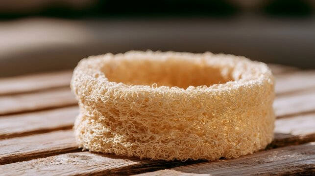 A natural loofah sponge resting on a weathered wooden surface under warm sunlight highlighting its fibrous texture