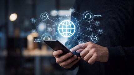 Obraz premium User interacting with holographic global support interface on smartphone