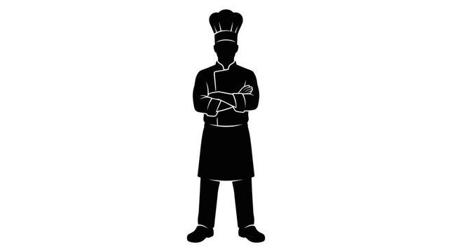 Chef silhouette in uniform stands confidently with crossed arms against a clean white backdrop.