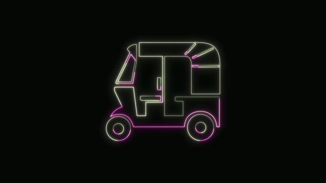  Auto Rickshaw Icon Neon Seamless Loop 4K with Black Background Animated Promotional Typography for Video Editing