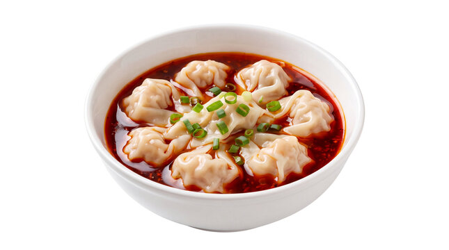 Chinese xiaolongbao soup dumplings in spicy red broth with green onions, traditional Asian noodle dish served in ceramic bowl on white background