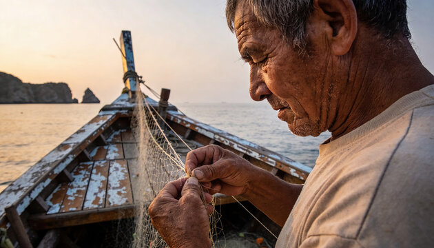Fisherman untangling nets on traditional wooden boat at dawn. Coastal setting