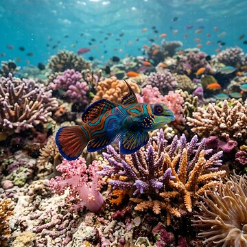 Vibrant mandarin fish swimming near a tropical coral reef