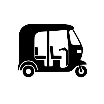 Minimalist black silhouette of a traditional auto rickshaw or tuktuk icon isolated on white background for travel design
