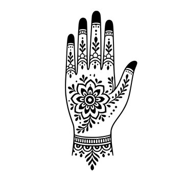 Traditional Indian Mehndi Henna Pattern Illustration on Hand with Floral Mandala Details Isolated on White Background Vector