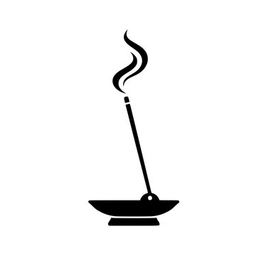 Minimalist black incense stick silhouette icon with smoke swirl in a holder isolated on white background for wellness