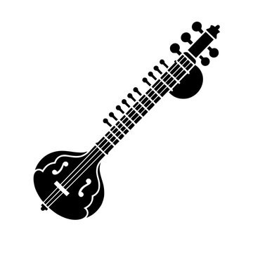 Traditional Indian Sitar musical instrument black silhouette vector illustration isolated on a clean white background for cultural design