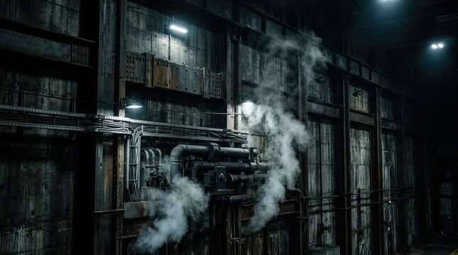 Dark industrial background with old metallic wall pipes and smoke