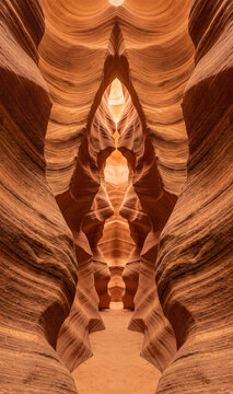 Perfectly composed symmetrical perspective inside Antelope Canyon, dramatic curved sandstone walls forming a natural architectural corridor.