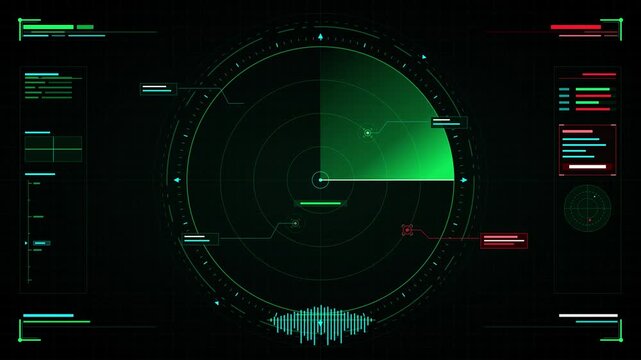 Futuristic radar screen hud interface with scanning motion and digital data analytics sonar heads-up display