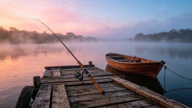 Fishing rod on wooden pier with boat at foggy sunrise