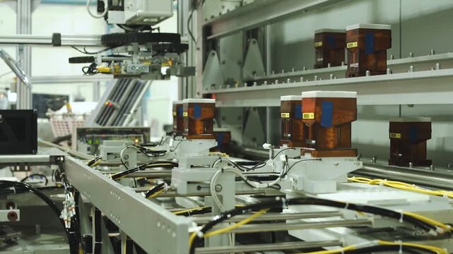 Advanced manufacturing cell with robotic arms, automated conveyors, precision machinery, industrial control systems, and modern factory workflow in bright high tech production space