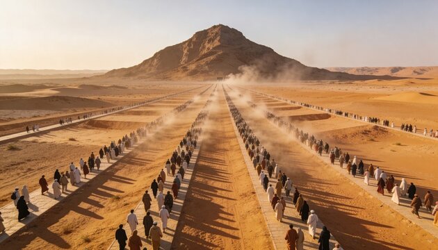 Mass movement flow on desert pathway: aerial shot showing pilgrims walking toward mountain