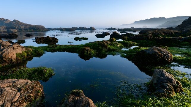 Calm tide pools nestled among moss covered rocks under a clear morning sky with distant hills shrouded in soft mist