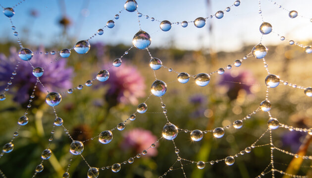 Morning dew drops clinging to spider web strands in wildflower meadow