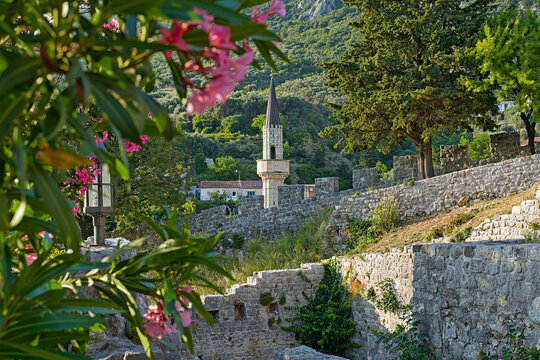 Old stone ruins and minaret in Stari Bar, Montenegro,