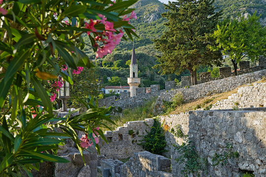 Old stone ruins and minaret in Stari Bar, Montenegro,