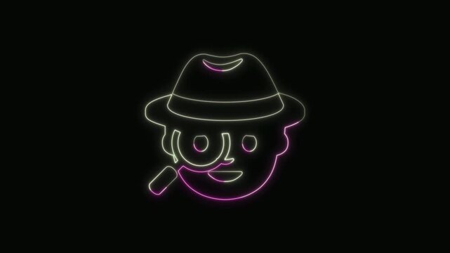  Detective Icon Neon Seamless Loop 4K with Black Background Animated Promotional Typography for Video Editing