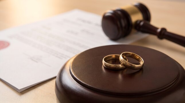Wedding rings on a wooden gavel with legal divorce document in a courtroom setting.