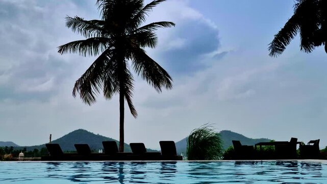 The tranquil poolside setting overlooks Udaipur's green hills, with silhouetted lounge chairs, a coconut palm, ornamental grasses, and rippling blue water. A softly clouded sky completes the scene.