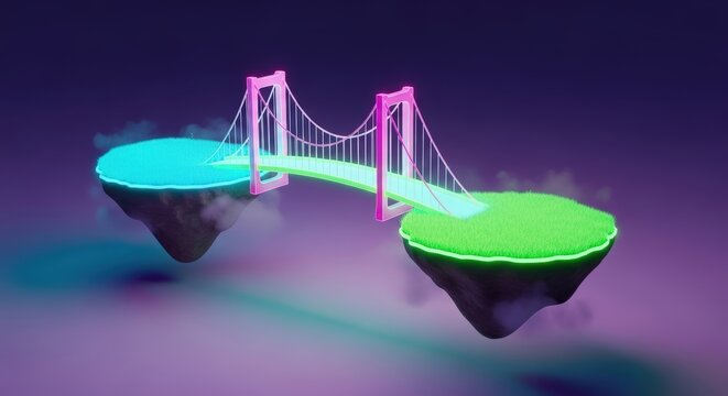 Neon lit bridge connecting two platforms.