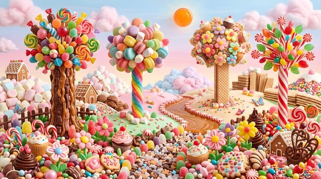 Fantasy landscape filled with sweet candies and donut trees.