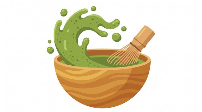 Splashing matcha green tea in wooden bowl with bamboo whisk, flat vector illustration isolated on white