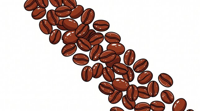 Falling roasted coffee beans diagonal border background, flat cartoon vector illustration
