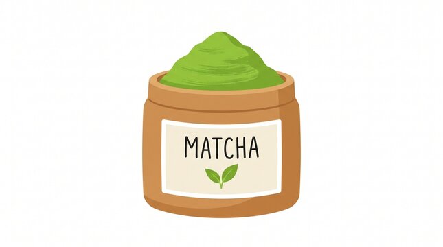 Matcha green tea powder in brown container with label, cute flat vector illustration isolated on white