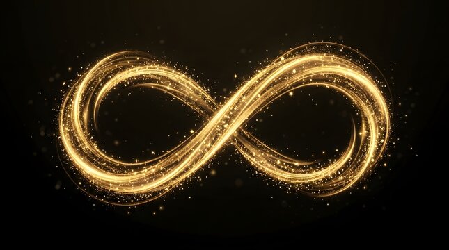 Glowing golden infinity symbol made of sparkling light particles isolated on a dark black background