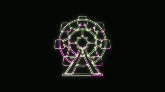  Ferris Wheel Icon Neon Seamless Loop 4K with Black Background Animated Promotional Typography for Video Editing