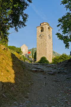 Old stone clock tower in Stari Bar, Montenegro,