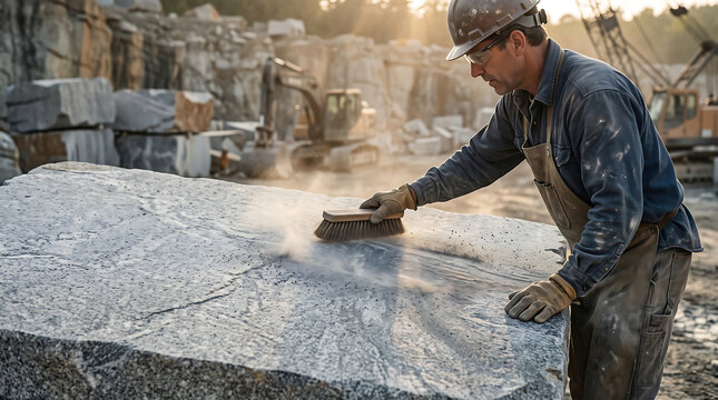 Stonemason cleans a large slab of granite with a hand brush while working in a dusty quarry at sunset.