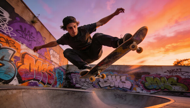 Skater performing trick in urban skate park, graffiti walls. Mid-air action, dynamic angle