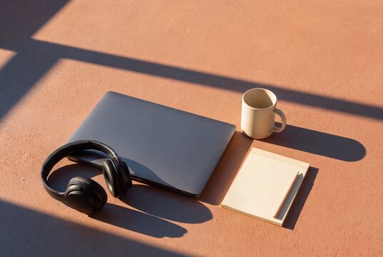 Distance learning setup with laptop headphones and notepad