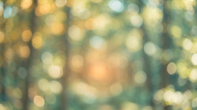 Abstract forest background with soft golden sunlight bokeh and blurred green foliage