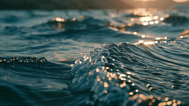 Ocean waves ripple across the surface as bright sunlight glints off the water during a serene coastal sunset.
